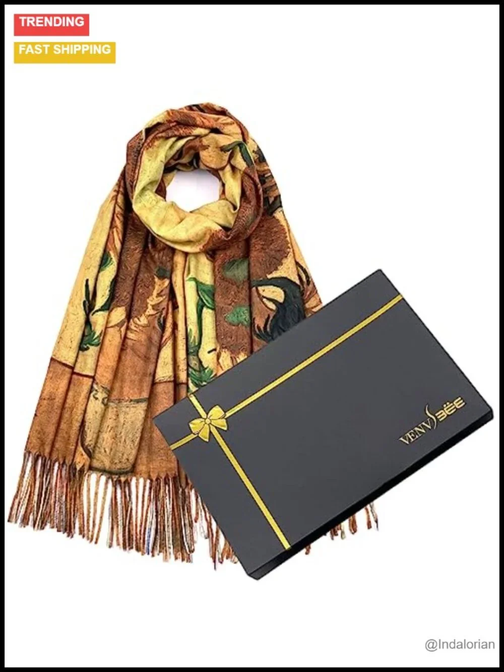 Reversible Art Print Scarf Wrap Pashmina with Gift Box, Soft Cashmere Blend